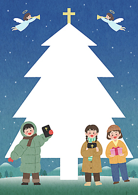 전신 PSD 여자 남자 기독교 어린이 크리스마스 겨울 일러스트 밤하늘 프레임 서기 들기 소녀 소년 여러명 크리스마스트리 성경 비행 야간 겨울옷 성경학교 트리모양 프레임일러스트 어린이만 국내일러스트 천사링 자연요소 모양 옷 계절 기념일 종교 다수 종교용품 학교 모션 하늘 천사 사람 파일형식
