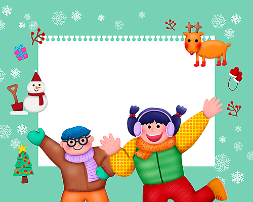 PSD 여자 남자 종이 초등학생 어린이 크리스마스 겨울 일러스트 눈사람 눈꽃 웃음 소녀 소년 상반신 두명 초록색 손들기 루돌프 눈송이 즐거움 겨울옷 눈꽃무늬 프레임일러스트 어린이만 국내일러스트 학생 옷 계절 기념일 감정 컬러 무늬 모션 사슴 프레임 눈_날씨 표정 사람 파일형식