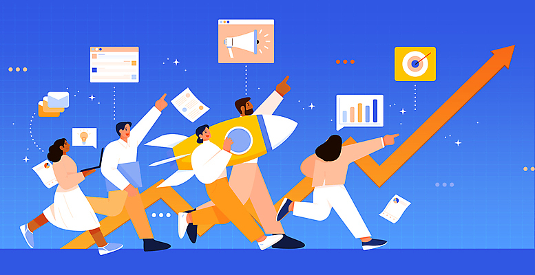 전신 여자 남자 화살표 일러스트 그래프 들기 여러명 성인 파란색 달리기 확성기 로켓 성장 가리킴 비즈니스맨 비즈니스우먼 발전 문서 상승 창업 전구모양 성인만 국내일러스트 AI파일 모양 컬러 다수 컨셉 비즈니스 전구 모션 사람 손짓 직장인 자영업 파일형식 벡터