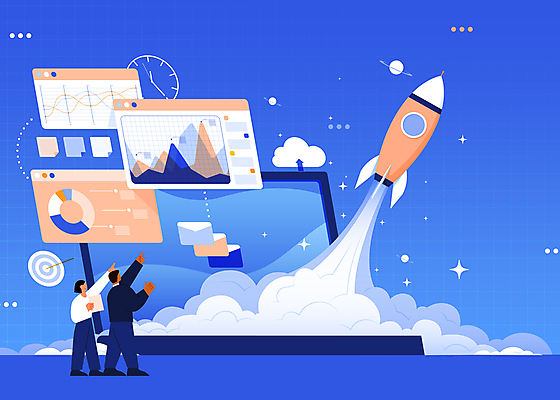 전신 여자 남자 일러스트 그래프 성인 두명 파란색 노트북 반짝임 로켓 성장 비행 가리킴 비즈니스맨 비즈니스우먼 발전 상승 창업 성인만 국내일러스트 AI파일 컬러 컨셉 비즈니스 모션 사람 손짓 전자제품 직장인 자영업 파일형식 벡터