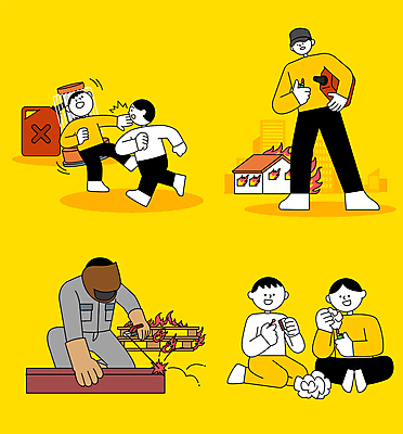 전신 남자 어린이 일러스트 장난 노동자 들기 앉기 소년 여러명 성인 노란색 작업 범죄 난로 성냥 범죄인 화재 라이터 기름통 넘어짐 땜질 불장난 용접 용접공 용접마스크 화재예방 방화범 남자만 쓰러짐 국내일러스트 AI파일 직업 컬러 다수 모션 통 마스크 안전 사람 난방기 사건 예방 파일형식 벡터