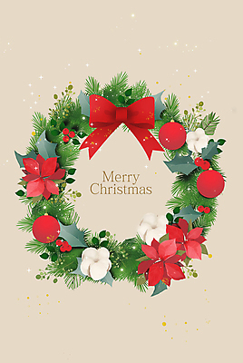 PSD 리본 잎 크리스마스장식 일러스트 사람없음 빨간색 반짝임 포인세티아 목화꽃 베이지색 호랑가시나무열매 오너먼트 크리스마스리스 국내일러스트 식물 열매 꽃 컬러 크리스마스 모션 화환 파일형식