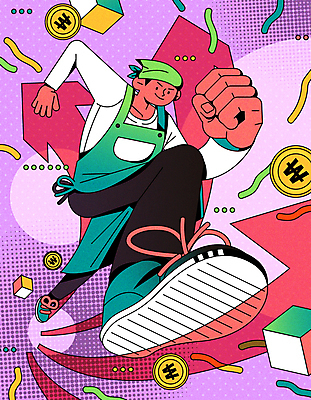 전신 남자 화살표 분홍색 일러스트 추상 두건 한명 성인 달리기 점프 동전 앞치마 주먹 원화 역동적 상승 뜀박질 성인남자한명만 소상공인 국내일러스트 AI파일 직업 1 컬러 컨셉 돈 무늬 모션 사람 경제 상인 남자한명만 성인남자만 파일형식 벡터