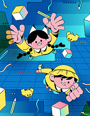 전신 여자 남자 어린이 일러스트 조류 추상 소녀 소년 두명 파란색 연필 손들기 점프 주먹 유치원생 만세 큐브 역동적 뜀박질 어린이만 국내일러스트 AI파일 동물 컬러 컨셉 무늬 모션 학용품 사람 필기구 파일형식 벡터