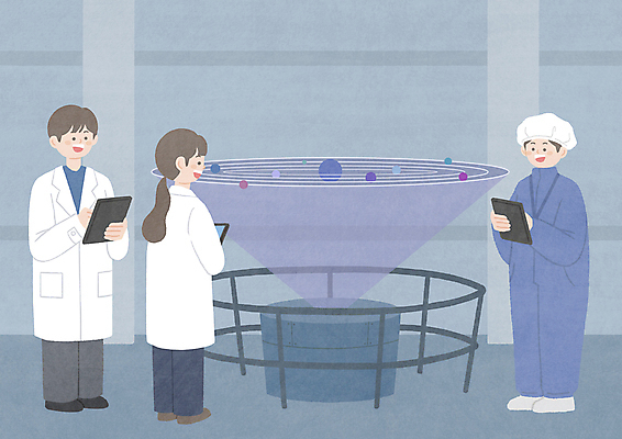 전신 PSD 여자 남자 일러스트 실험 들기 성인 세명 울타리 태블릿 기계 행성 회색 관찰 실험복 연구원 분석 은하계 우주산업 연구소 홀로그램 성인만 국내일러스트 직업 산업 컬러 컨셉 모션 사람 전자제품 스마트기기 담장 우주 가운 파일형식