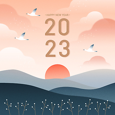 구름 분홍색 일러스트 조류 하늘 근하신년 새해 산 세마리 풍경 타이포그라피 사람없음 태양 일출 해피뉴이어 2023년 계묘년 국내일러스트 AI파일 자연요소 동물 문자 컬러 3 노을 새해인사 연도 파일형식 벡터