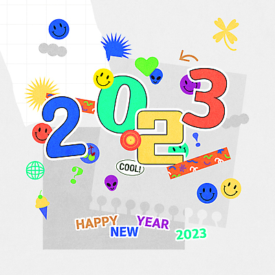 종이 스티커 일러스트 새해 미소 타이포그라피 사람없음 컬러풀 숫자 외계인 하트 해피뉴이어 2023년 키치 계묘년 국내일러스트 AI파일 모양 문자 컬러 컨셉 표정 미확인물체 새해인사 연도 파일형식 벡터