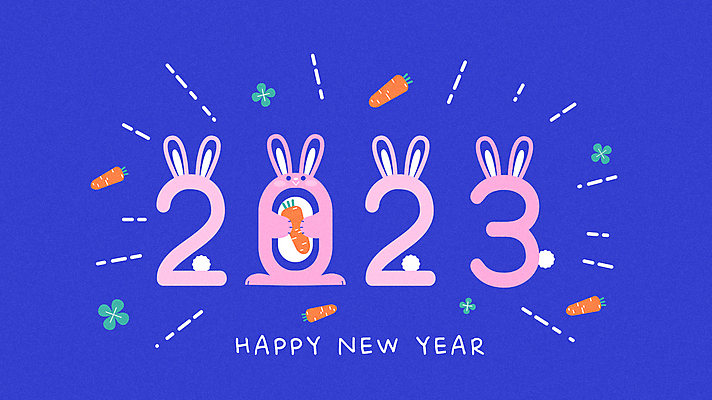 일러스트 새해 들기 타이포그라피 사람없음 파란색 당근 토끼 네잎클로버 토끼캐릭터 해피뉴이어 토끼모양 2023년 계묘년 썬버스트 국내일러스트 AI파일 모양 식물 문자 디자인 컬러 동물캐릭터 포유류 모션 뿌리채소 반려동물 새해인사 클로버 연도 파일형식 벡터