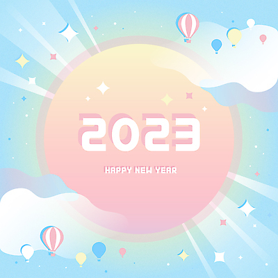 구름 일러스트 하늘 새해 타이포그라피 사람없음 빛 반짝임 태양 열기구 해피뉴이어 파스텔톤 2023년 계묘년 국내일러스트 AI파일 자연요소 문자 컬러 항공교통 모션 새해인사 연도 파일형식 벡터