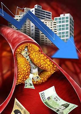 PSD 화살표 지폐 일러스트 부동산 사람없음 건물 경제 원화 하락 혈관 집값 동맥 부동산가격 경제불황 동맥경화 막힘 집값하락 폭락 국내일러스트 건축물 컨셉 돈 장기_의학 재산 질병 불황 파일형식