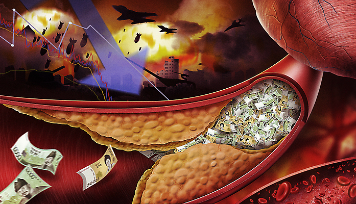 PSD 화살표 지폐 일러스트 군용기 사람없음 경제 위험 미사일 폭탄 하락 전쟁 혈관 동맥 세계경제 전쟁터 경제불황 동맥경화 막힘 폭락 국내일러스트 컨셉 돈 비행기 군대 장기_의학 질병 폭발물 불황 파일형식