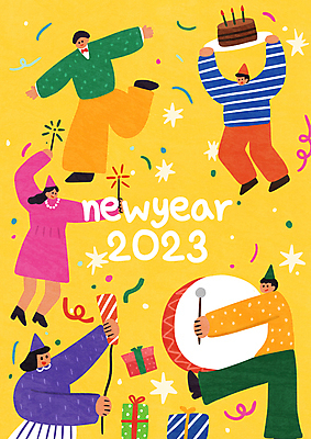 전신 PSD 여자 남자 일러스트 새해 폭죽 들기 여러명 성인 선물상자 노란색 고깔모자 춤 꽃가루 해피뉴이어 초코케이크 큰북 신년파티 성인만 2023년 국내일러스트 모자_잡화 컬러 다수 모션 문화예술 선물 사람 상자 파티 케이크 새해인사 가루 연도 북 파일형식