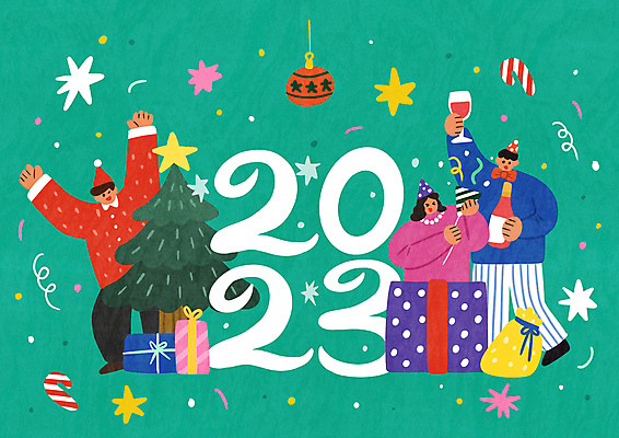 전신 PSD 여자 남자 일러스트 새해 들기 성인 세명 초록색 선물상자 파티 와인 만세 와인병 꽃가루 해피뉴이어 신년파티 크리스마스지팡이 성인만 오너먼트 2023년 국내일러스트 컬러 크리스마스장식 모션 지팡이 병_용기 주류 선물 사람 이벤트 상자 새해인사 가루 연도 파일형식