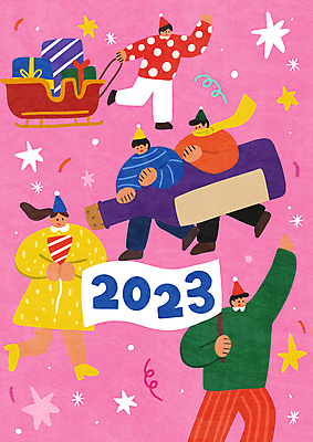 전신 PSD 여자 남자 분홍색 일러스트 새해 폭죽 들기 여러명 성인 선물상자 반짝임 와인 깃발 당기기 와인병 썰매 꽃가루 해피뉴이어 신년파티 성인만 2023년 국내일러스트 컬러 다수 모션 병_용기 주류 선물 사람 상자 파티 새해인사 가루 연도 파일형식