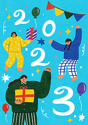 전신 PSD 여자 일러스트 새해 들기 성인 세명 파란색 선물상자 반짝임 파티 잠옷 파자마파티 꽃가루 해피뉴이어 풍선 가랜드 성인여자만 2023년 국내일러스트 옷 컬러 모션 선물 사람 이벤트 상자 새해인사 가루 연도 파티용품 여자만 성인만 파일형식