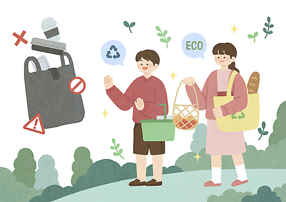 전신 PSD 나무 여자 남자 말풍선 과일 일러스트 비닐봉투 들기 성인 두명 새싹 자연보호 금지 풀 바게트 일회용 플라스틱 장바구니 에코 에코백 성인만 제로웨이스트 다회용품 탄소제로 재활용표시 네트백 국내일러스트 식물 빵 가방 모션 자연 재질 표시 봉투 사람 쇼핑 바구니 환경 그린캠페인 재활용 보호 사회이슈 재활용품 파일형식