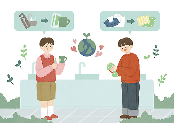 전신 PSD 남자 지구 말풍선 일러스트 성인 두명 새싹 자연보호 하트 풀 칫솔 세면대 손수건 교체 물티슈 양치컵 친환경제품 성인남자만 제로웨이스트 탄소제로 국내일러스트 모양 식물 자연 사람 컵 위생용품 그린캠페인 양치 보호 사회이슈 친환경 남자만 성인만 파일형식