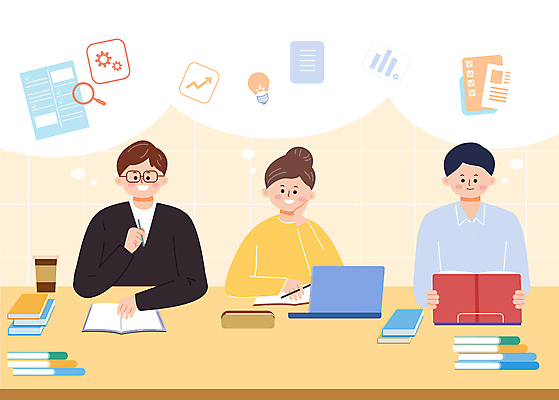 학생 여자 남자 일러스트 들기 상반신 청년 성인 책 세명 노트북 스터디 독서 턱괴기 잡기 독서실 재수 재수생 청년만 성인만 안경낌 국내일러스트 AI파일 교육 안경 모션 사람 전자제품 학습 수능 파일형식 벡터