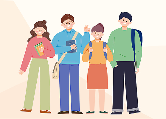 전신 학생 여자 남자 일러스트 책가방 서기 들기 여러명 청년 성인 책 주머니손 브이 크로스백 청년만 성인만 안경낌 국내일러스트 AI파일 안경 다수 가방 모션 사람 손짓 파일형식 벡터