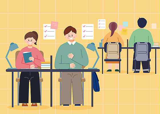 전신 학생 여자 남자 일러스트 앉기 여러명 청년 성인 스터디 노란색 독서실 집중 책상 열공 재수 재수생 청년만 성인만 국내일러스트 AI파일 교육 컬러 가구 다수 컨셉 모션 사람 학습 수능 파일형식 벡터