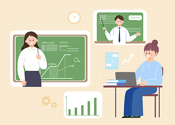 전신 학생 여자 남자 일러스트 수업 그래프 들기 앉기 상반신 청년 성인 세명 스터디 강사 칠판 강의 온라인강의 재수 재수생 성인만 국내일러스트 AI파일 직업 교육 모션 사람 학습 수능 파일형식 벡터 언택트