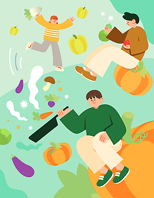 전신 여자 남자 일러스트 호박 가지 파프리카 요리 들기 앉기 성인 세명 초록색 만세 프라이팬 채식 요리중 채식주의자 성인만 비건 비건음식 국내일러스트 AI파일 음식 컬러 채소 모션 주방용품 사람 파일형식 벡터