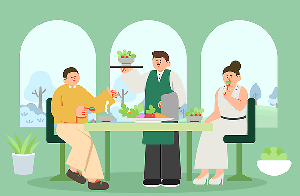 전신 여자 남자 일러스트 식탁 서기 들기 앉기 성인 세명 초록색 연두색 식당 레스토랑 식사 샐러드 먹기 웨이터 채식 서빙 채식주의자 성인만 비건 비건음식 국내일러스트 AI파일 직업 음식 컬러 모션 탁자 사람 상점 파일형식 벡터