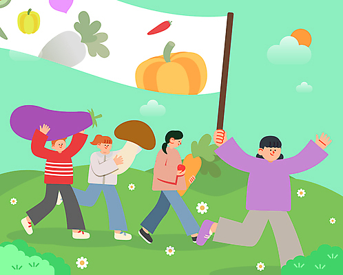 전신 여자 남자 일러스트 가지 함께함 들기 여러명 성인 초록색 걷기 버섯 당근 만세 깃발 채식 연대 채식주의자 성인만 비건 비건음식 국내일러스트 AI파일 음식 컬러 다수 컨셉 채소 모션 뿌리채소 사람 파일형식 벡터