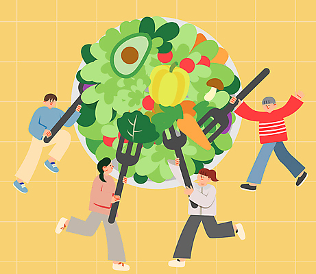 전신 여자 남자 포크 일러스트 들기 여러명 성인 노란색 만세 샐러드 먹기 채식 채식주의자 성인만 비건 비건음식 국내일러스트 AI파일 식기 음식 컬러 다수 모션 사람 파일형식 벡터