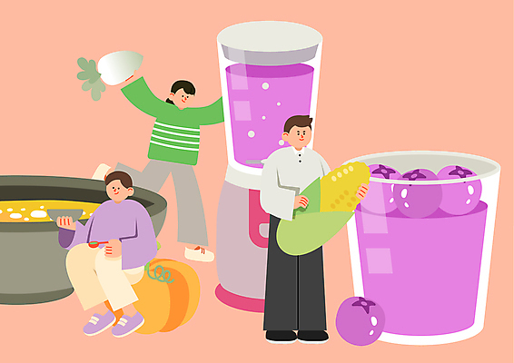 전신 여자 남자 일러스트 호박 옥수수 서기 들기 앉기 성인 세명 무 믹서 블루베리 채식 단호박수프 채식주의자 호박죽 성인만 비건 비건음식 국내일러스트 AI파일 음식 채소 과일 모션 곡류 뿌리채소 사람 수프 죽 파일형식 벡터