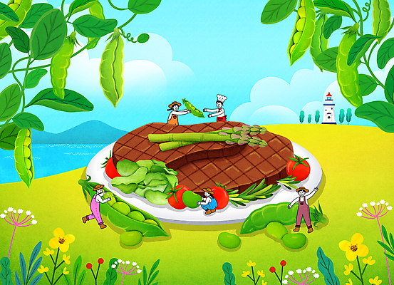 전신 PSD 여자 남자 꽃 일러스트 방울토마토 하늘 콩 등대 스테이크 들기 여러명 상반신 성인 요리사 농부 채식 아스파라거스 웅크림 소인 채식주의자 성인만 콩고기 비건 비건음식 대체식품 국내일러스트 식물 직업 음식 다수 토마토 채소 모션 곡류 서양음식 사람 파일형식 베지푸드