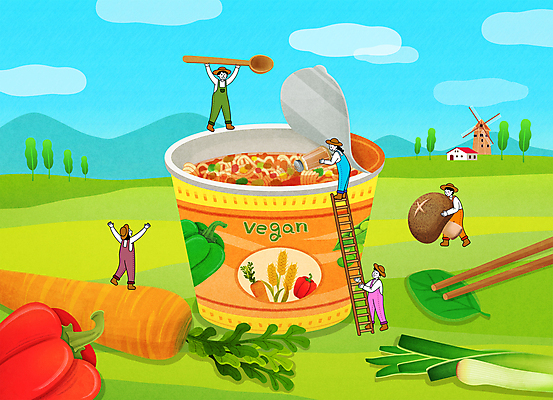 전신 PSD 여자 남자 일러스트 사다리 하늘 피망 파프리카 서기 들기 초원 여러명 성인 당근 만세 농부 표고버섯 나무젓가락 대파 소인 컵라면 성인만 비건 비건음식 대체식품 국내일러스트 직업 음식 다수 채소 젓가락 모션 뿌리채소 사람 버섯 도구 라면 파 채식주의자 파일형식