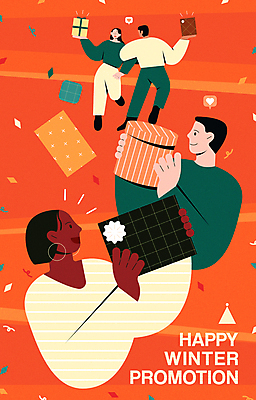 전신 여자 남자 겨울 일러스트 미소 웃음 들기 여러명 상반신 성인 선물상자 쇼핑 상자 세일 팔짱 주황색 춤 꽃가루 커플댄스 성인만 국내일러스트 AI파일 계절 컬러 다수 모션 문화예술 표정 선물 사람 가루 파일형식 벡터