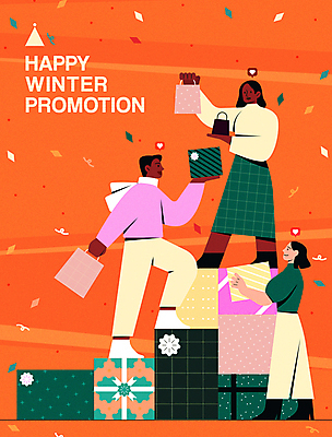 전신 여자 남자 겨울 일러스트 서기 들기 성인 세명 선물상자 쇼핑 쇼핑백 주황색 오르기 꽃가루 계단식 성인만 국내일러스트 AI파일 계절 컬러 가방 모션 선물 사람 상자 가루 파일형식 벡터