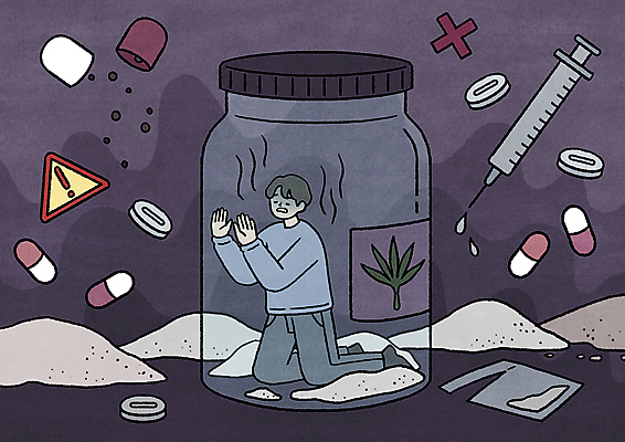 PSD 남자 일러스트 유리병 주사기 경고 한명 성인 알약 무릎꿇기 불안 중독 가루약 갇힘 마약 마약중독 복용 환각 성인남자한명만 대마초 부작용 국내일러스트 1 감정 의료기기 모션 병_용기 사람 약 질병 증상 남자한명만 성인남자만 파일형식