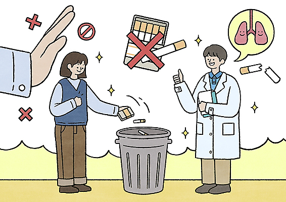 전신 PSD 손 여자 남자 일러스트 담배 병원 성인 두명 신체부위 치료 의사 금지 쓰레기통 허파 버리기 금연 따봉 중독 담배갑 성인만 국내일러스트 캠페인 의학 모션 사람 의료진 최고 호흡기관 사회이슈 파일형식