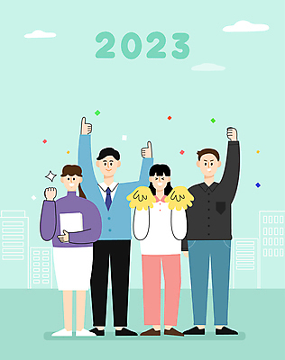 전신 구름 여자 남자 일러스트 서기 들기 빌딩 여러명 성인 건물 손들기 파이팅 직장인 꽃가루 따봉 응원수술 민트색 성인만 2023년 국내일러스트 AI파일 자연요소 직업 건축물 컬러 다수 모션 사람 응원용품 최고 가루 연도 파일형식 벡터