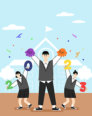 전신 학생 여자 남자 교복 포즈 하늘색 일러스트 학교 청소년 팔벌리기 세명 파이팅 꽃가루 구름모양 응원수술 나무모양 십대만 들어올리기 2023년 국내일러스트 AI파일 모양 옷 교육 모션 사람 파란색 응원용품 가루 연도 파일형식 벡터 구름_자연