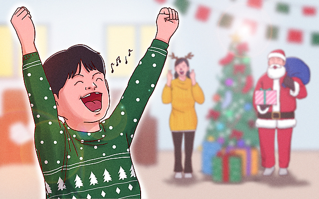 전신 PSD 여자 남자 행복 아들 어린이 크리스마스 일러스트 크리스마스선물 서기 웃음 들기 소년 상반신 성인 세명 크리스마스트리 산타클로스 주먹 기쁨 만세 즐거움 국내일러스트 기념일 감정 가족 모션 표정 선물 사람 파일형식