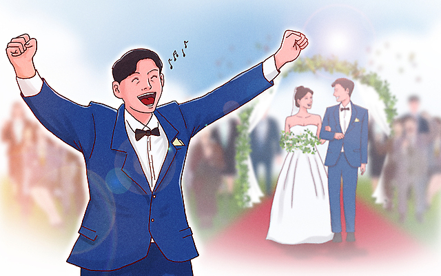 전신 PSD 커플 여자 남자 행복 결혼 일러스트 신혼부부 결혼식 웃음 정장 턱시도 상반신 성인 세명 팔짱 기쁨 만세 즐거움 신랑신부 성인만 국내일러스트 부부 옷 감정 신부_웨딩 신랑 관계 모션 표정 사람 이벤트 신혼 파일형식