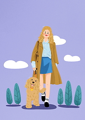 전신 PSD 한마리 여자 반려견 일러스트 함께함 한명 성인 반려동물 걷기 보라색 산책 코커스패니얼 잡기 파마 강아지 성인여자한명만 국내일러스트 동물 1 헤어스타일 컬러 컨셉 모션 휴식 사람 스패니얼 개 여자한명만 성인여자만 파일형식