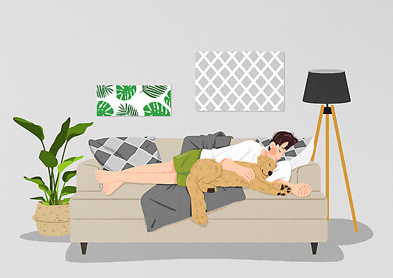 전신 PSD 한마리 남자 화분 반려견 여유 포즈 일러스트 휴식 함께함 한명 성인 반려동물 소파 눕기 회색 스탠드 리트리버 강아지 낮잠 팔베개 성인남자한명만 국내일러스트 동물 1 감정 컬러 컨셉 의자 모션 조명 사람 잠 개 남자한명만 성인남자만 파일형식