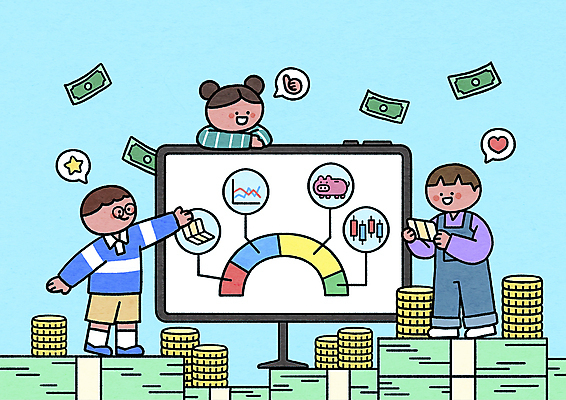 전신 PSD 여자 어린이교육 남자 어린이 지폐 일러스트 그래프 서기 들기 소녀 소년 상반신 세명 금융 경제 모니터 동전 돈다발 자산관리 경제교육 동전탑 어린이만 알파세대 국내일러스트 교육 돈 모션 사람 컴퓨터 쌓기 세대 파일형식