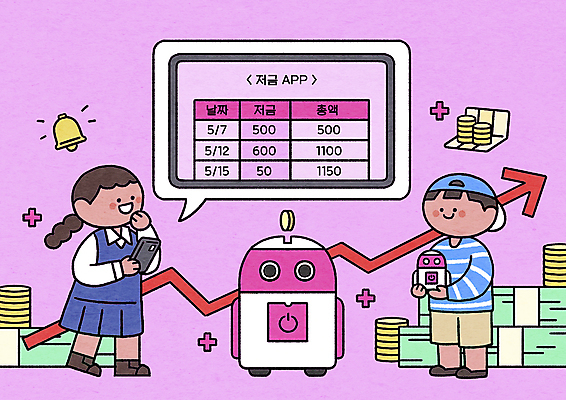 전신 PSD 여자 어린이교육 남자 화살표 어린이 분홍색 지폐 일러스트 서기 들기 소녀 소년 두명 금융 경제 동전 저축 저금통 표 어플리케이션 스마트 로봇 상승 자산관리 편리함 경제교육 어린이만 알파세대 AI_인공지능 국내일러스트 교육 컬러 컨셉 돈 모션 그래프 사람 세대 파일형식