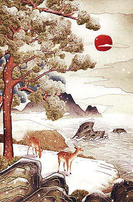 PSD 구름 두마리 겨울 일러스트 자연 사슴 새해 산 풍경 사람없음 강 태양 바위 눈 소나무 동양화 십장생 산수화 민속화 국내일러스트 자연요소 나무 계절 2 포유류 날씨 미술 돌_바위 생태계 파일형식