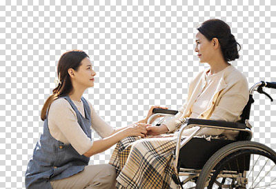 편집 편집이미지 여자 노년 할머니 미소 누끼 상반신 성인 두명 30대 마주보기 손잡기 한국인 환자 60대 간호 휠체어 요양 요양보호사 PNG 여자만 편집소스 직업 의학 모션 표정 사람 동양인 장년 파일형식