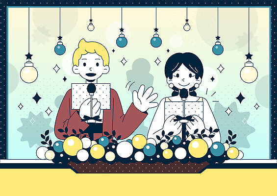 드레스 여자 남자 별 리본 일러스트 탁자 매달리기 들기 정장 턱시도 상반신 성인 두명 장식 반짝임 사회자 마이크 손인사 연예인 진행 대본 시상식 연말 성인만 오너먼트 국내일러스트 AI파일 자연요소 직업 옷 음향기기 가구 크리스마스장식 모션 사람 인사 파일형식 벡터