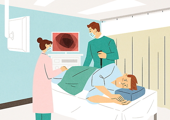 전신 PSD 응시 여자 남자 일러스트 병원 성인 치료 세명 눕기 스크린 모니터 간호사 의사 수줍음 검사_조사 내시경 대장내시경 치질 항문 항문외과 성인만 국내일러스트 시선 감정 의학 모션 사람 컴퓨터 의료진 소화기관 질병 파일형식