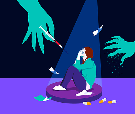 전신 손 여자 종이 일러스트 주사기 경고 한명 앉기 성인 신체부위 알약 보라색 검은색 눈가림 가림 뿌리기 스포트라이트 웅크림 얼굴가리기 가루약 마약 마약중독 마약중독자 성인여자한명만 국내일러스트 AI파일 1 컬러 의료기기 모션 사람 약 중독 여자한명만 성인여자만 파일형식 벡터