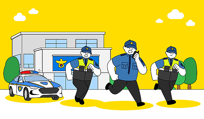 전신 나무 구름 남자 일러스트 들기 성인 세명 달리기 노란색 경찰 경찰차 경찰서 무선기 신고 출동 성인남자만 국내일러스트 AI파일 자연요소 식물 직업 컬러 모션 자동차 사람 남자만 성인만 파일형식 벡터